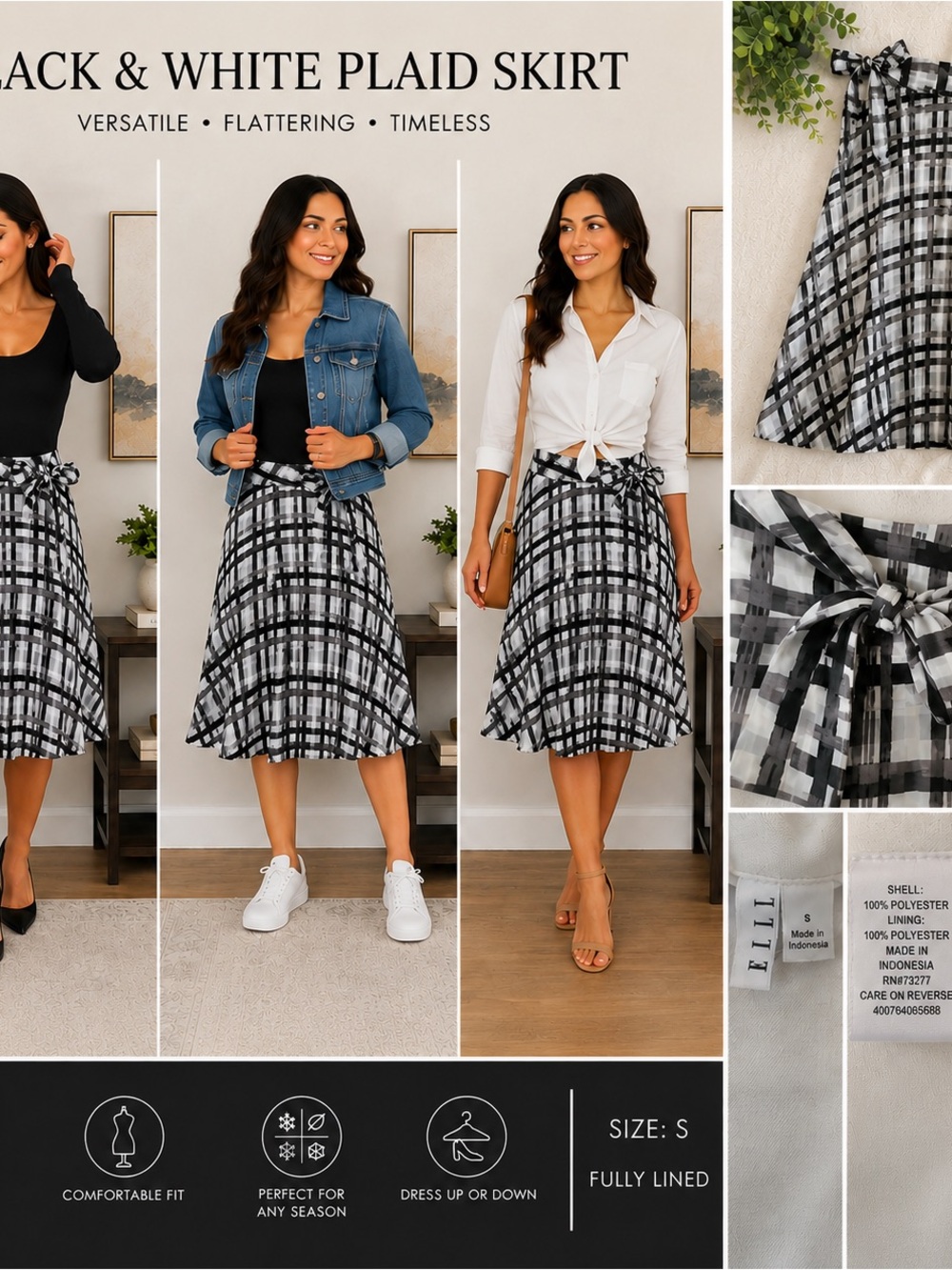 Feminine Black & White Plaid Skirt - Women's Sz S